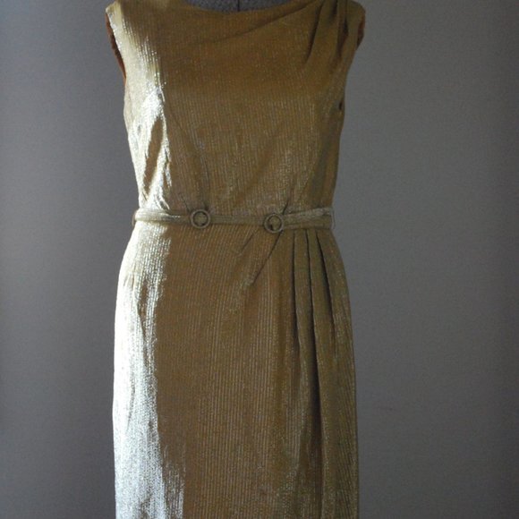 Shimmery gold cocktail dress w/double belt buckle - Picture 4 of 11